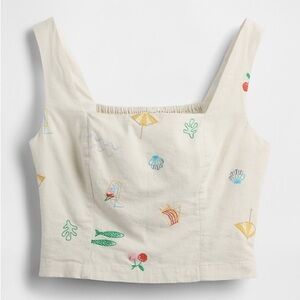 Gap Linen-Blend Crop Tank Top embroidered, Beach umbrella beige size Large NWT